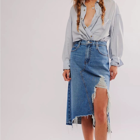 Free People Frame Denim‎ Deconstructed Frayed Jean Midi Skirt Sz 29